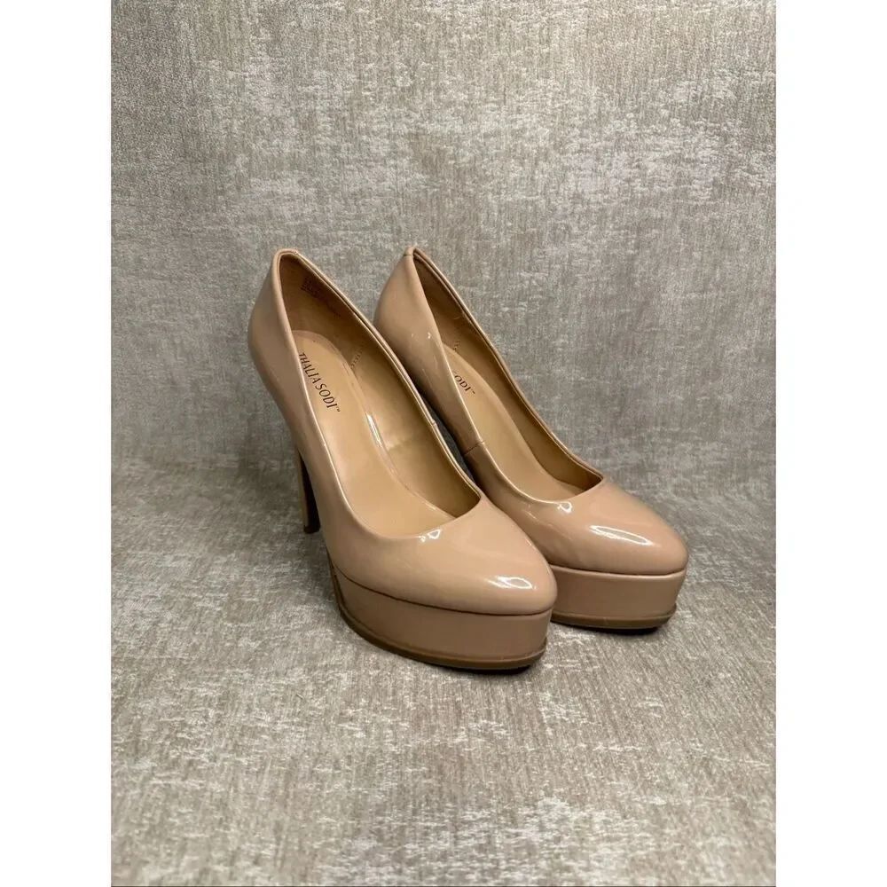 Thalia Sodi Women's Slip On Stasia Patent Platform Pumps Heels Beige Size 8